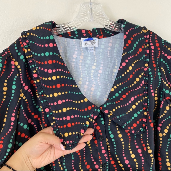 Unique Vintage NWT Size 2X Black Rainbow Polka Dot Puffy Sleeve Button Down Top - Picture 5 of 7